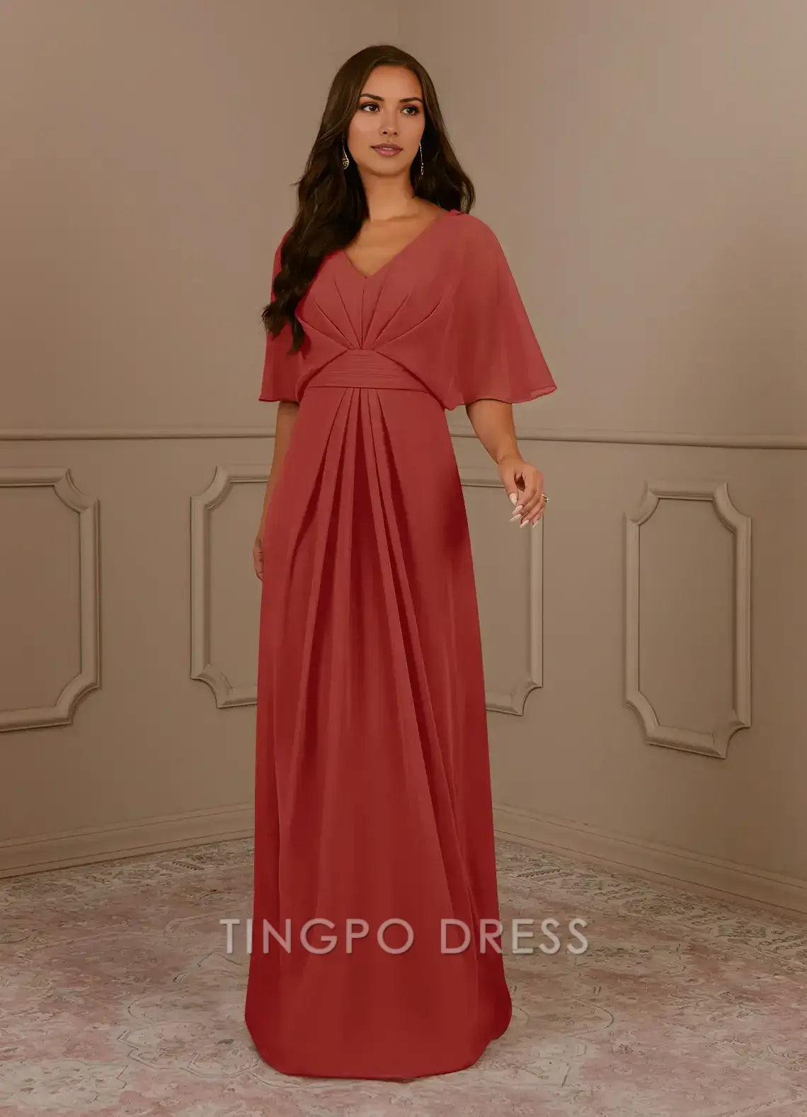 TingPo Wholesale Elegant V - Neck Chiffon Evening Gown with Flutter Sleeves and Pleated Bodice: A Graceful Choice for Formal Occasions